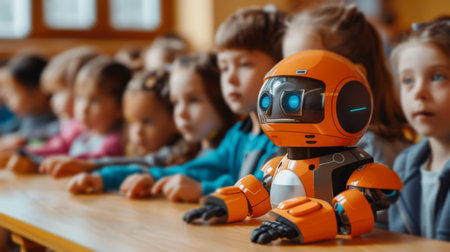 Group of children sitting around a table, interacting with a robot toy.の素材