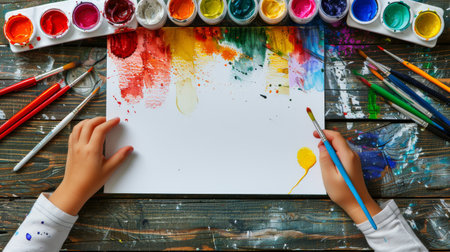 A childs hand holds a paintbrush over a paper covered with colorful paint strokes, showing creativity and artistry.の素材