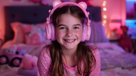 A young girl smiles joyfully while wearing pink headphones.の素材