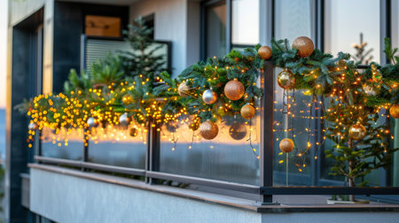 Colorful Christmas lights are hanging along the fence of a building, creating a festive and cheery atmosphere.の素材