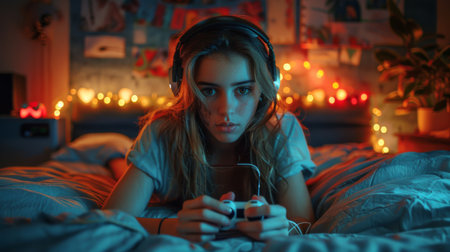 A young girl is lying in bed with headphones on, engrossed in her phone.の素材