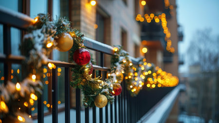A Christmas wreath is securely hung on a metal railing, adding festive charm to the outdoor space.の素材