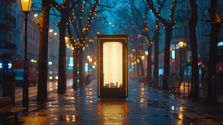 A city street at night illuminated by street lights with trees lining the sidewalks.の素材