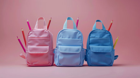 A blue backpack and a pink backpack filled with pencils.の素材