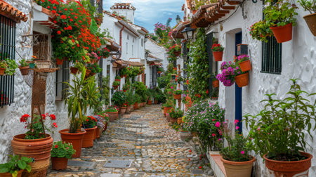 A narrow street lined with various potted plants and flowers, adding a touch of color and nature to the urban landscape.の素材