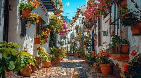 A cobblestone street lined with various potted plants, creating a charming urban green space.の素材