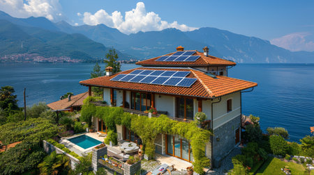 A solar panel positioned on the roof of a residential house, harnessing sunlight to generate renewable energy.の素材