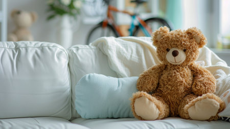 A brown bear is seated on a white couch in a cozy setting.の素材