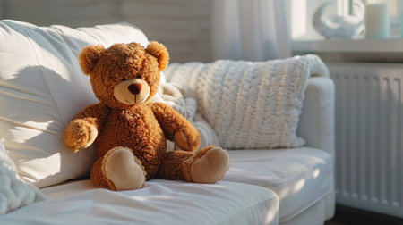 A brown bear is seated on a pristine white couch, showcasing a cozy and nostalgic scene.の素材