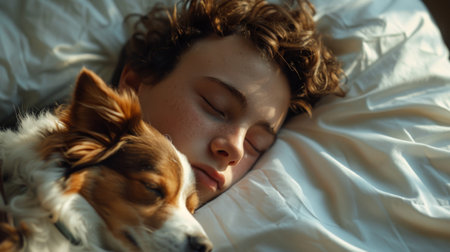 A person lying down on a bed next to a small dog, both appearing relaxed and comfortable.の素材