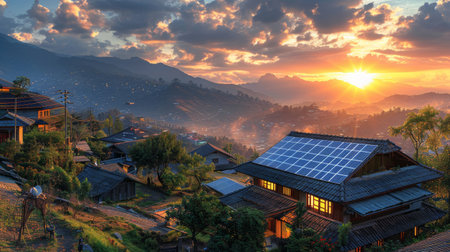 A house with a solar panel installed on its rooftop, utilizing renewable energy to power the building.の素材