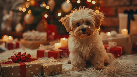 A small dog is seated next to a stack of colorful gift boxes, looking curious and playful.の素材