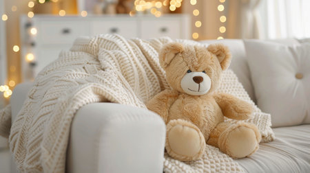 A brown bear is seated on a pristine white couch, showcasing a cozy and nostalgic scene.の素材