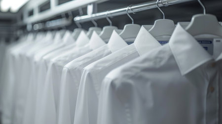 Various white shirts neatly hanging on a metal clothing rack in a row.の素材