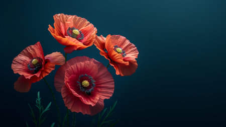 Three vibrant red flowers displayed in a clear vase on a wooden table.の素材