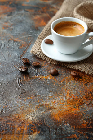 A white cup of coffee next to a pile of coffee beans on a wooden table.の素材