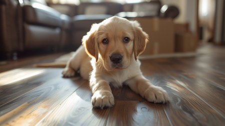An adorable puppy is lying on the floor in a cozy living room, looking relaxed and content.の素材