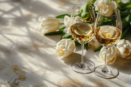 white wine with two glasses and a few tulips.の素材