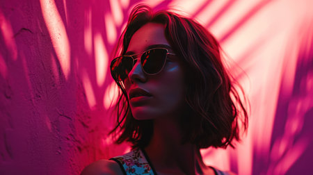 a girl in sunglasses is standing against a pink background.の素材