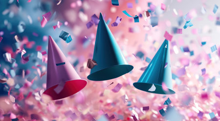 three colorful hats are flying in front of confetti.の素材