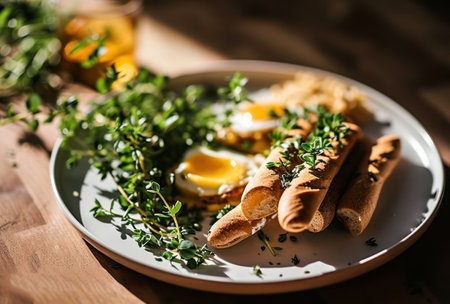 two bread sticks with eggs on a white plate with some herbs.の素材