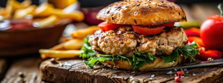 turkey burger on a wooden board.の素材