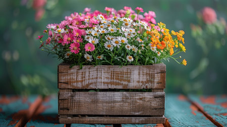 A wooden crate filled with a variety of vibrant and colorful flowers, showing a burst of natural beauty.の素材