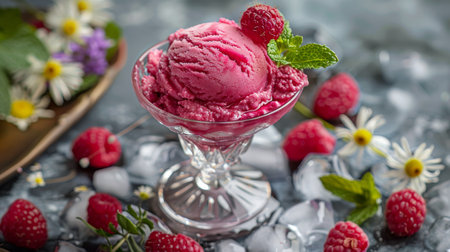 A glass bowl filled with creamy ice cream topped with succulent raspberries.の素材