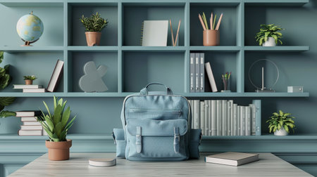 A blue bag is placed on a wooden table beside a vase filled with fresh flowers.の素材