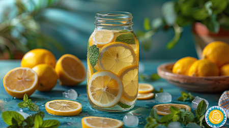 A glass jar filled with lemons is placed on a wooden table.の素材