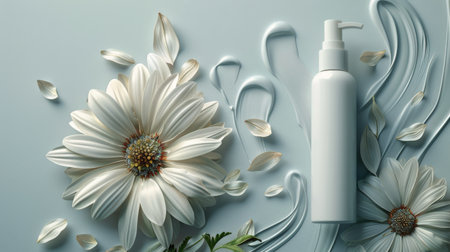 A bottle of lotion resting on the surface of a body of water.の素材