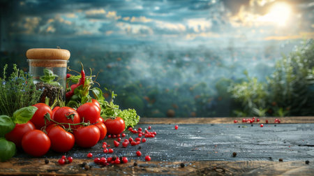 Ripe tomatoes and assorted herbs neatly arranged on a rustic wooden table.の素材