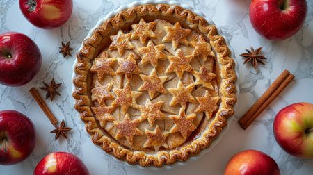 A freshly baked pie surrounded by sliced apples and cinnamon sticks, exuding a warm and inviting aroma.の素材