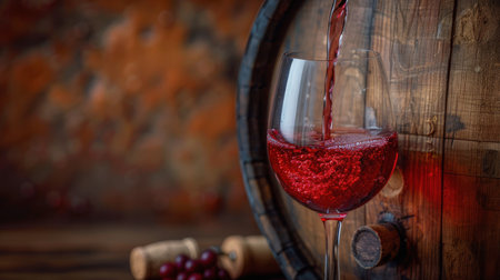 Red wine being poured from a glass into a wooden barrel, the liquid flowing smoothly.の素材