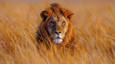 A lion is lying down in a field of tall grass, blending in with its surroundings.の素材