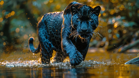 A large leopard gracefully making its way across a river located next to a dense forest.の素材