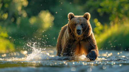 A large brown bear standing in a body of water, looking for fish to catch.の素材