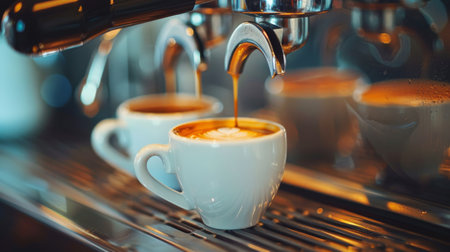 A stream of coffee flows from a coffee pot into a white ceramic cup, filling it up to the brim.の素材