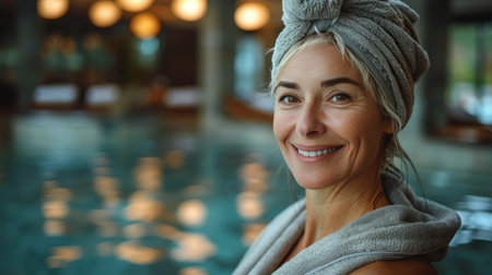 A woman standing next to a clear blue swimming pool on a sunny day.の素材