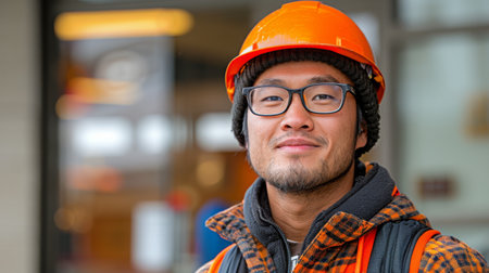 A man is pictured wearing a hard hat and protective glasses.の素材