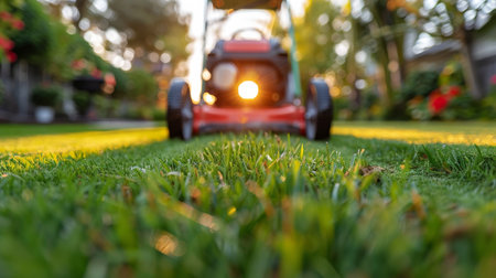 A red lawn mower is parked on top of a vibrant green field, ready for use.の素材