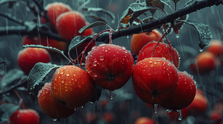 Ripe red apples hang from tree branches while rain falls delicately, creating a serene scene.の素材