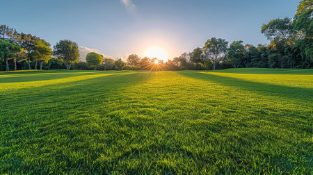 The sun breaks through the clouds, casting rays over a grassy field.の素材