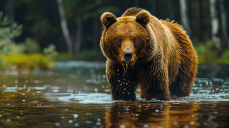 A large brown bear standing in a body of water, looking for fish to catch.の素材