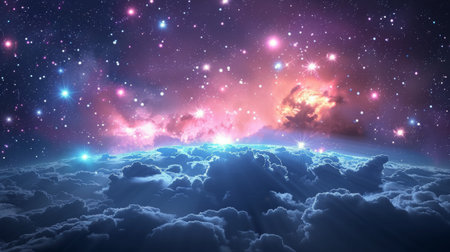 A view of Earth with stars in the background, showing the planets beauty and vastness in the darkness of space.の素材