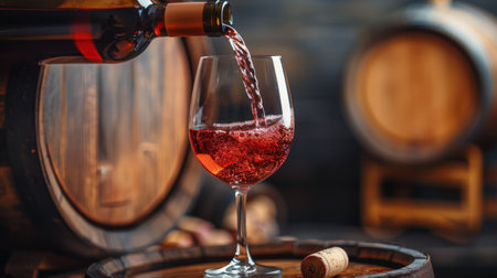 Red wine being poured from a glass into a wooden barrel, the liquid flowing smoothly.の素材