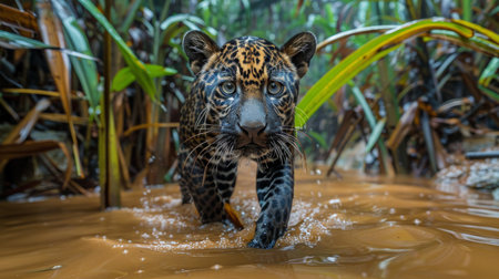 A close up of a jaguar walking gracefully through the water.の素材