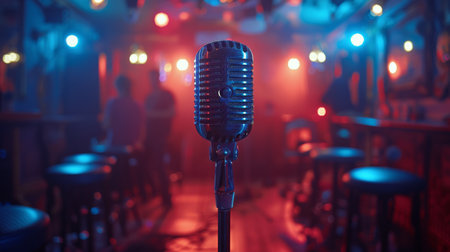 A microphone stands on a stage with vibrant lights glowing in the background, ready for a performance.の素材