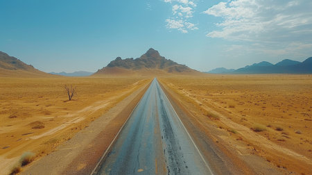A dirt road stretches through sparse landscape under a clear sky, far from civilization.の素材