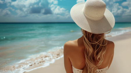 A woman wearing a white hat is seated on the sandy beach by the sea.の素材